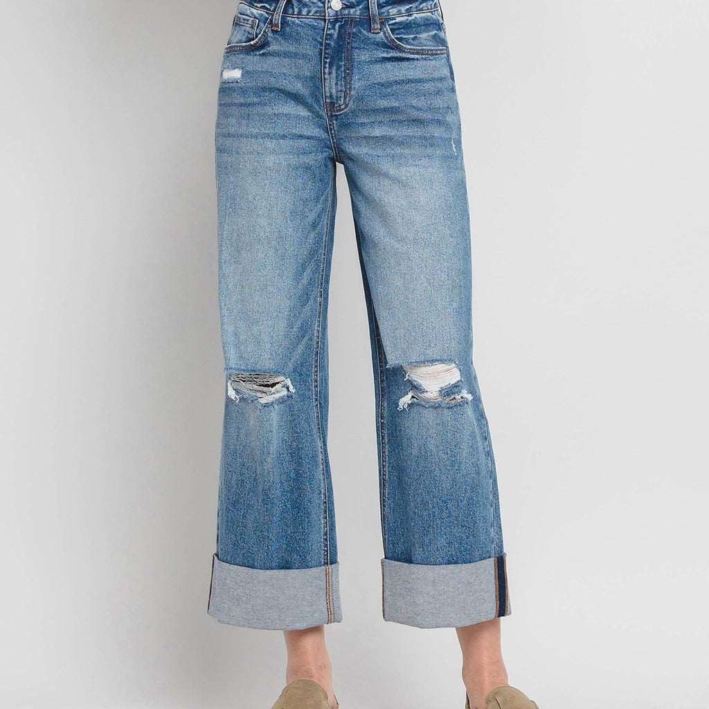 SUPER HIGH RISE DOUBLE CUFFED BAGGY WIDE JEANS