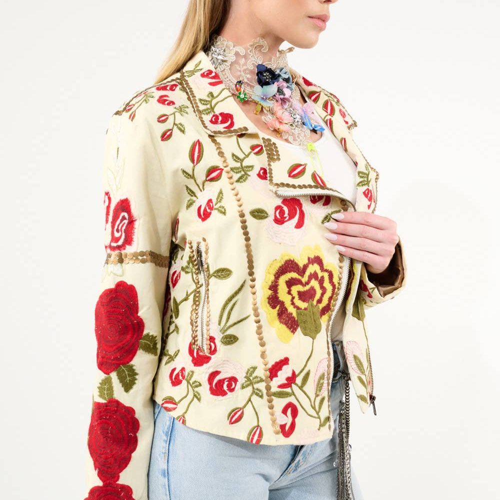 Carmen Embroidered Denim Motorcycle Jacket