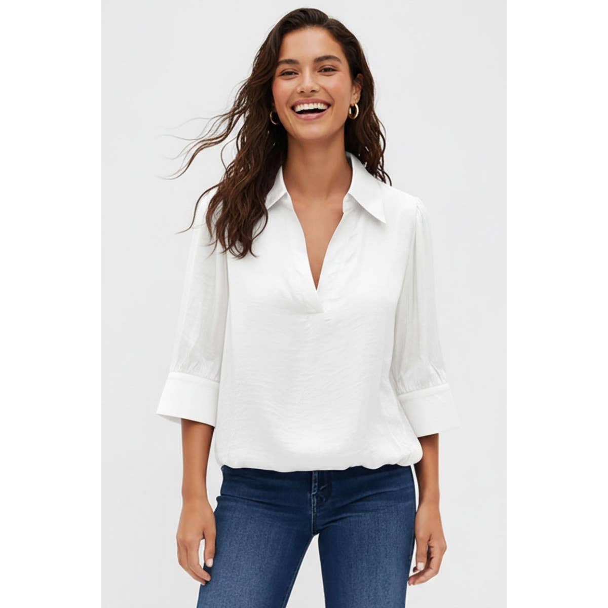 Naked Zebra high-low bubble-hem blouse on model