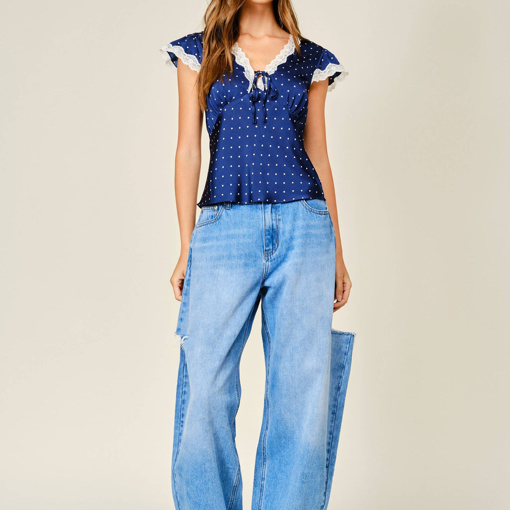 POLKA DOT SATIN LACE V NECK TOP