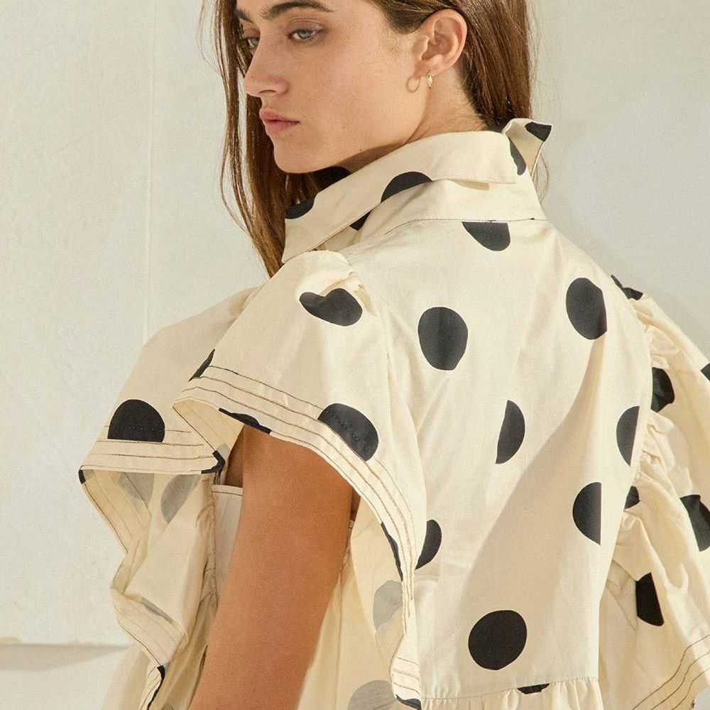 Ruffle Sleeves Pintuck Detail Polka Dot Print top