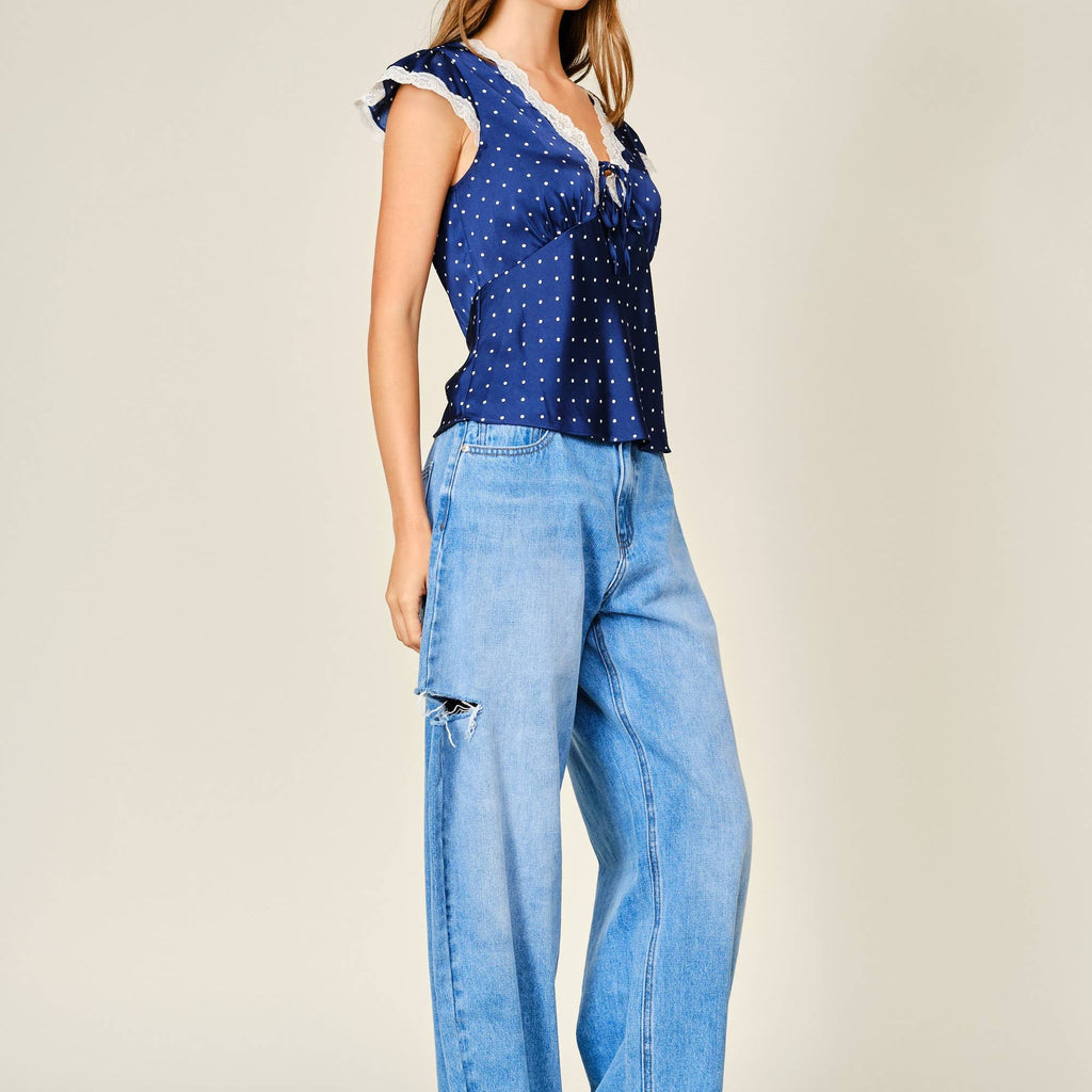 POLKA DOT SATIN LACE V NECK TOP