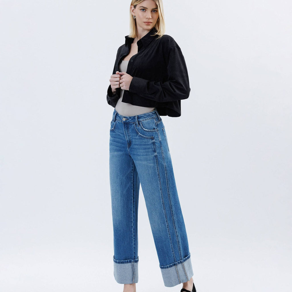 SUPER HIGH RISE CUFFED BAGGY WIDE JEANS