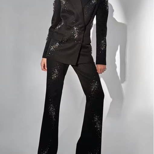 Beaded Diamond-Embellished Black Suit Set