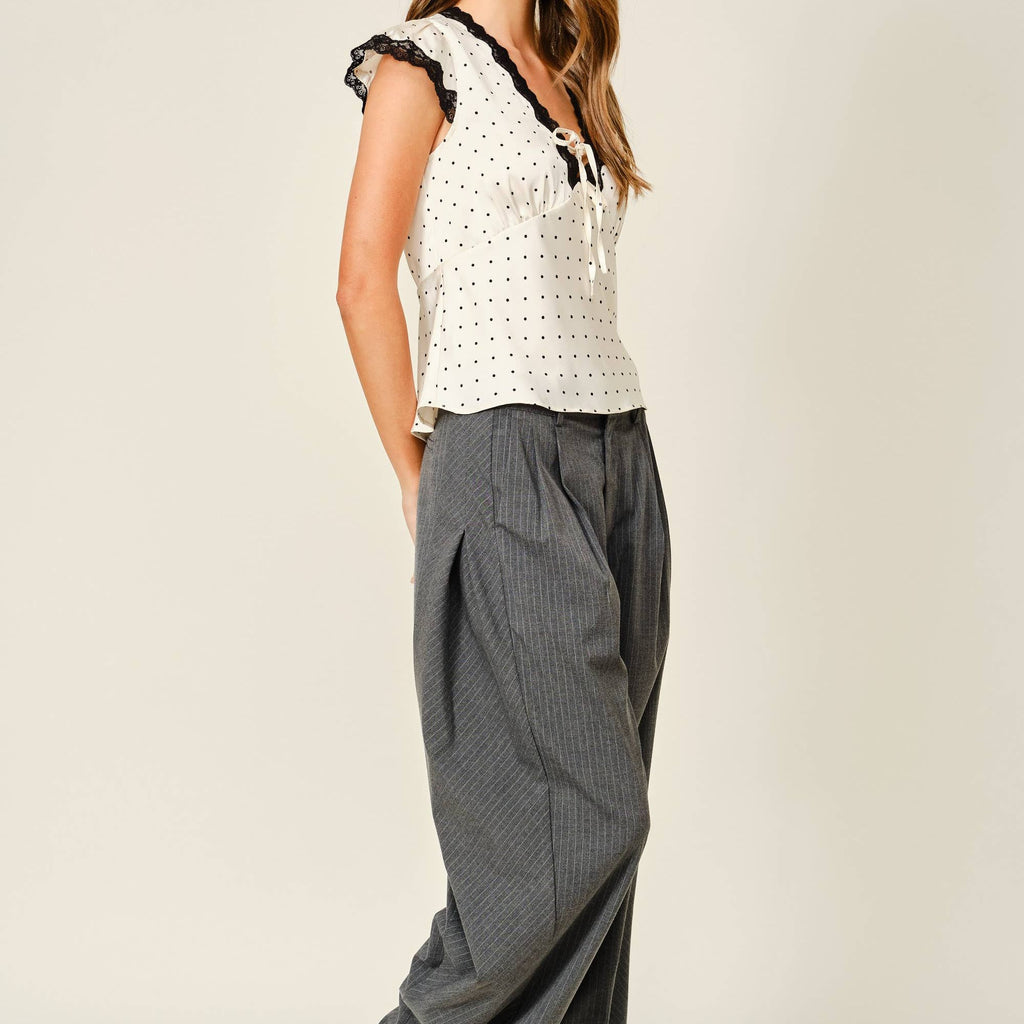POLKA DOT SATIN LACE V NECK TOP