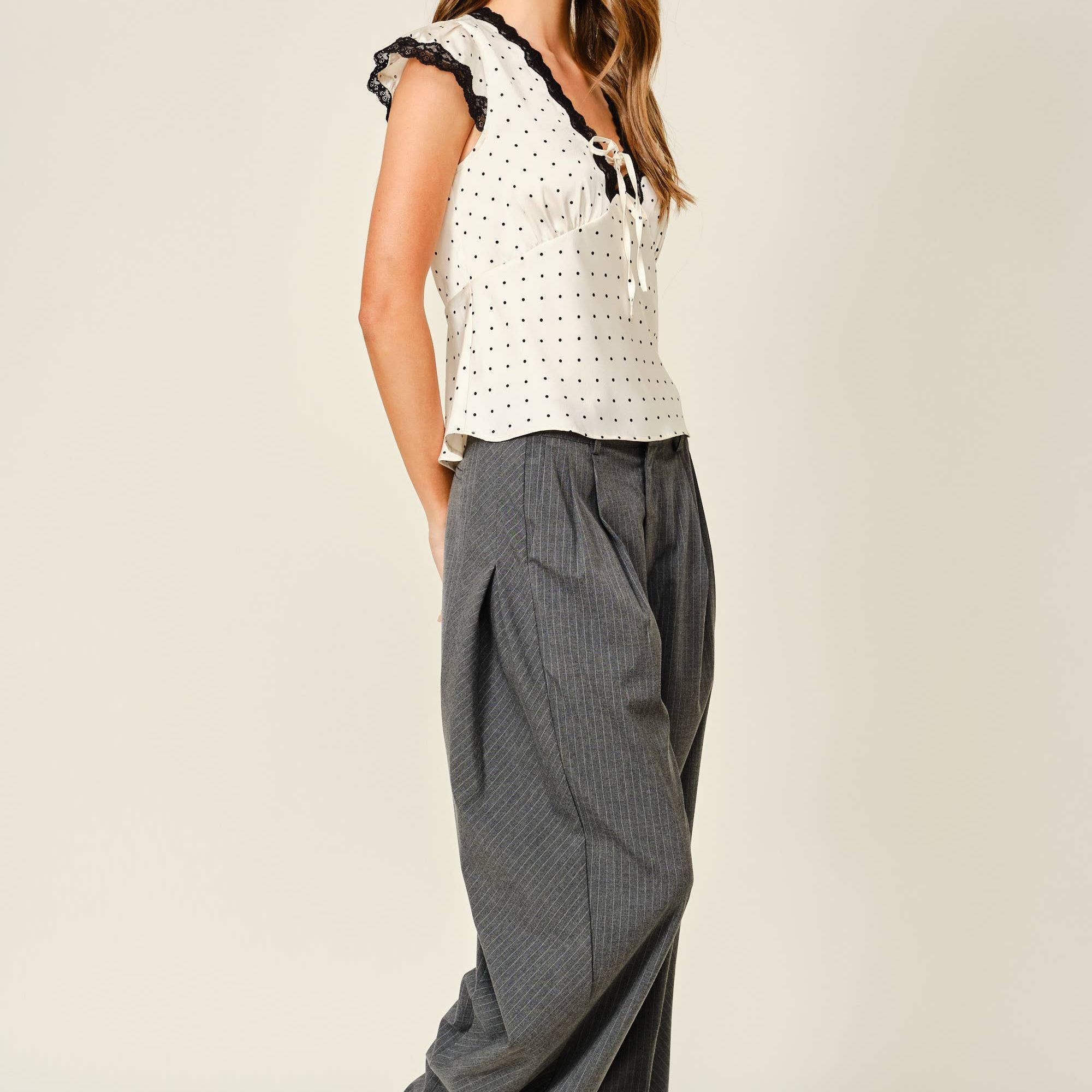 POLKA DOT SATIN LACE V NECK TOP
