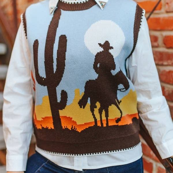 Western Cowboy Sunset Knit Sleeveless Sweater Vest