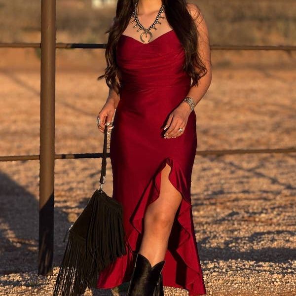 Burgundy Strap Ruffle Front Slit Dress