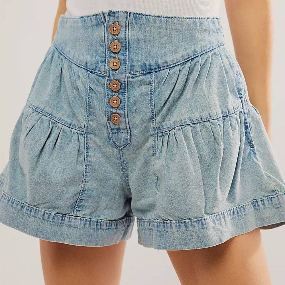 Ladies Solid Color Cotton Denim Shorts