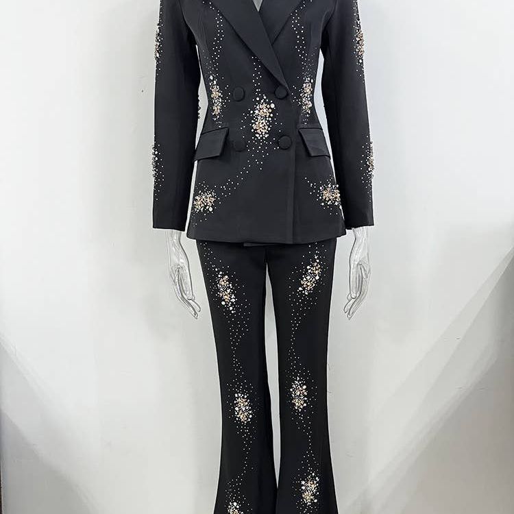 Beaded Diamond-Embellished Black Suit Set