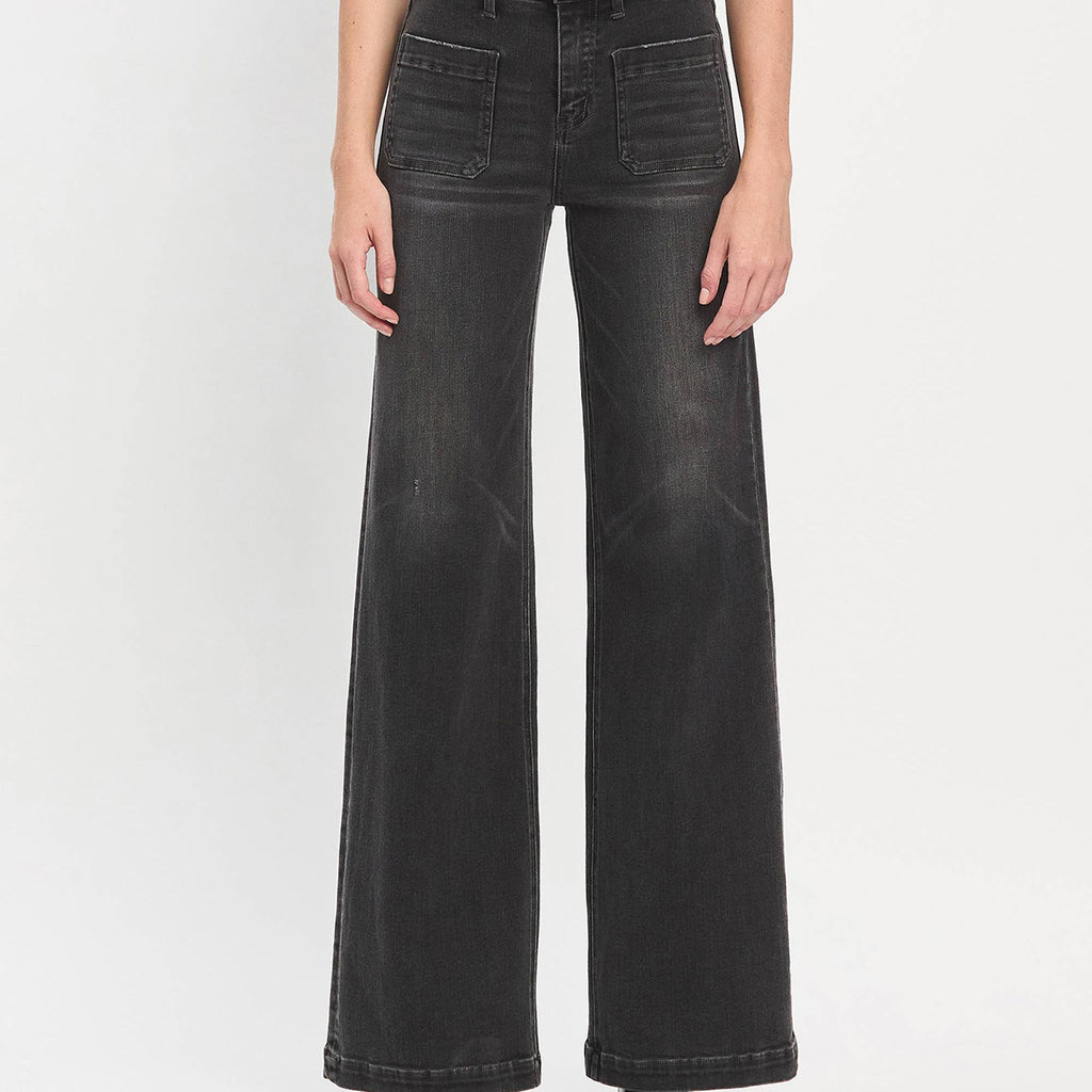 HIGH RISE PATCH POCKET BLACK WIDE TROUSER JEANS T6569