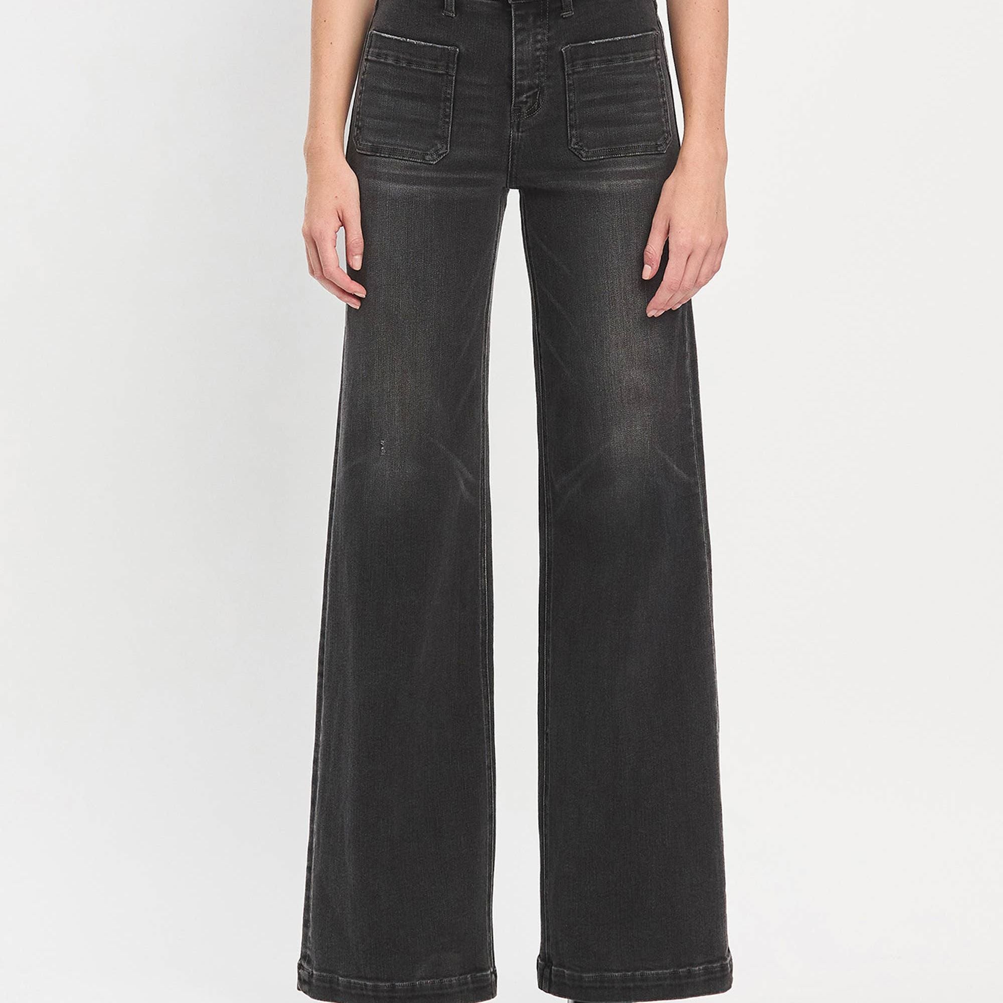 HIGH RISE PATCH POCKET BLACK WIDE TROUSER JEANS T6569
