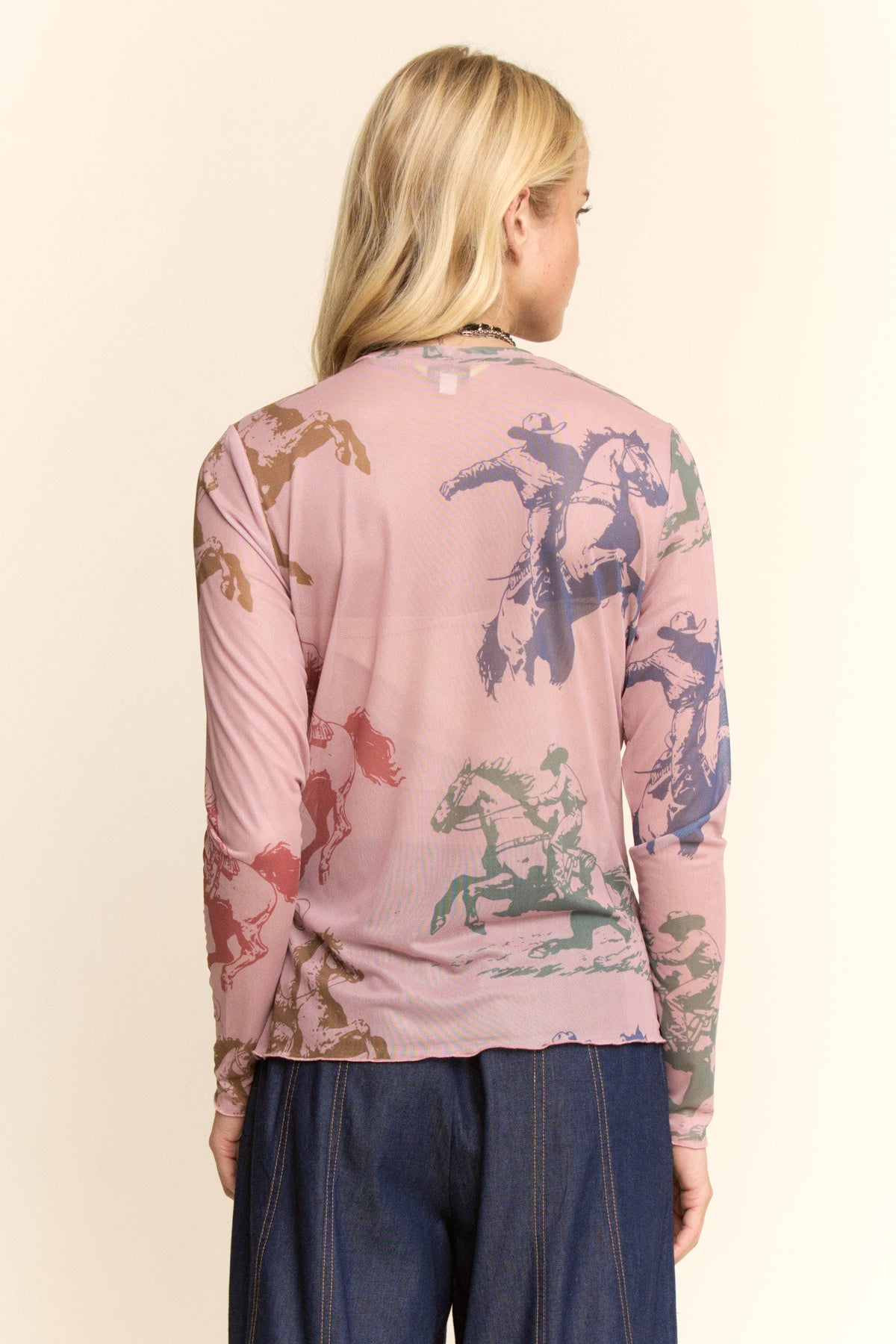 Western Horse Print Mesh Long Sleeve Top