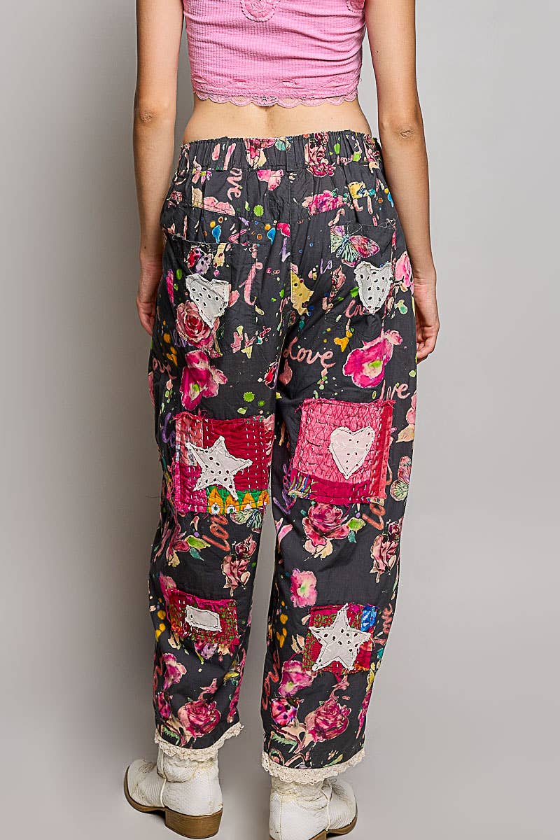 Heart Star Patch Elastic Waistband Lace Trim Straight Pants