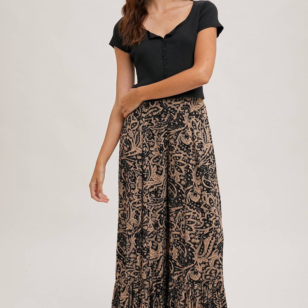 PAISLEY PRINT WIDE RUFFLED PANTS