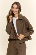 Herringbone Tweed Zip Front Bomber Jacket