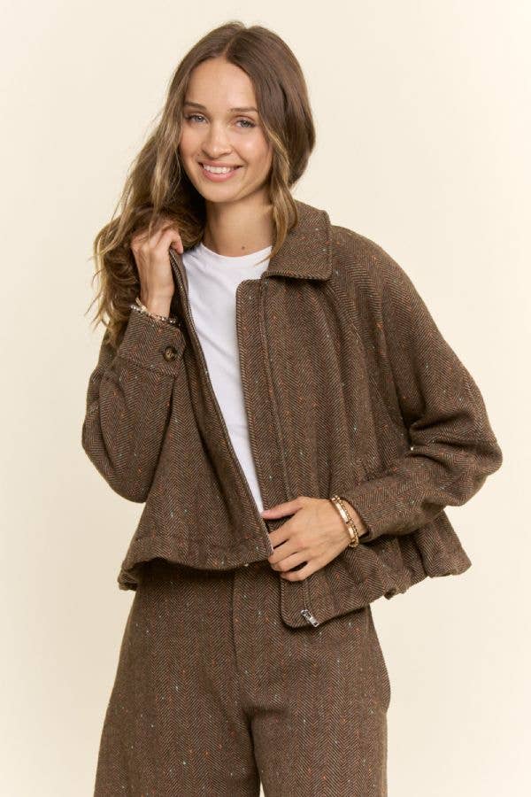Herringbone Tweed Zip Front Bomber Jacket