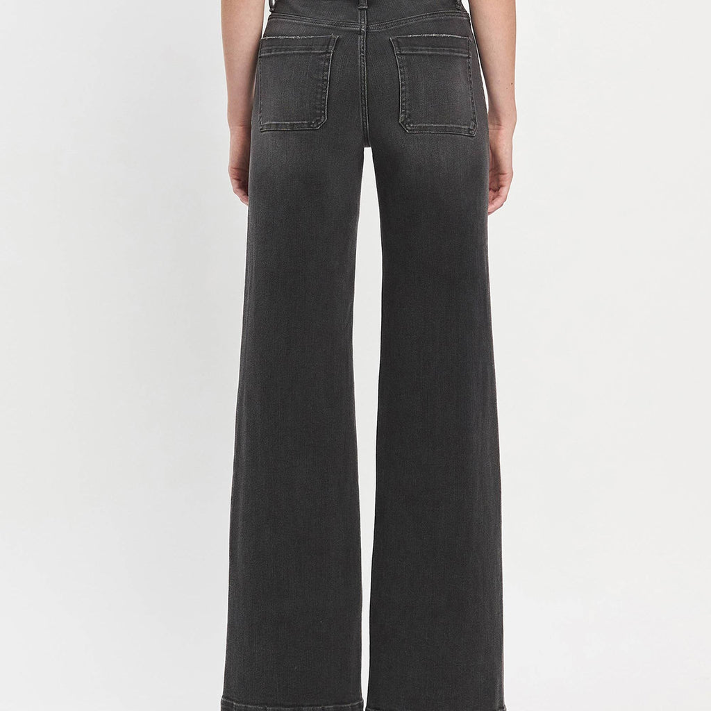 HIGH RISE PATCH POCKET BLACK WIDE TROUSER JEANS T6569
