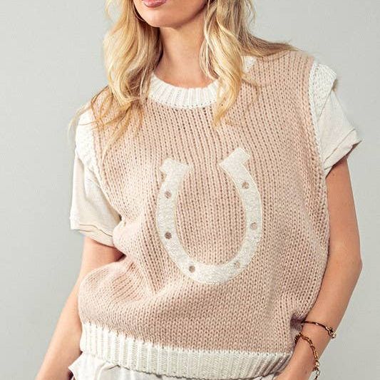 Western Horseshoe Crochet Knit Ribbed Trim Sweater Vest