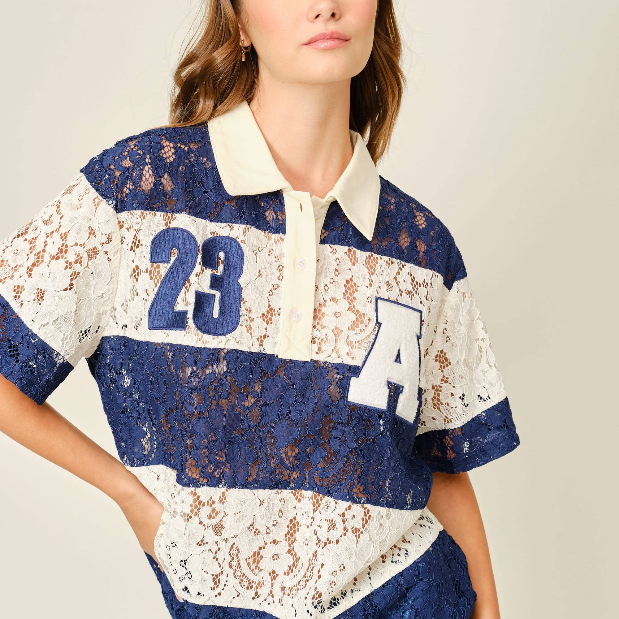 LACE STRIPE POLO TOP