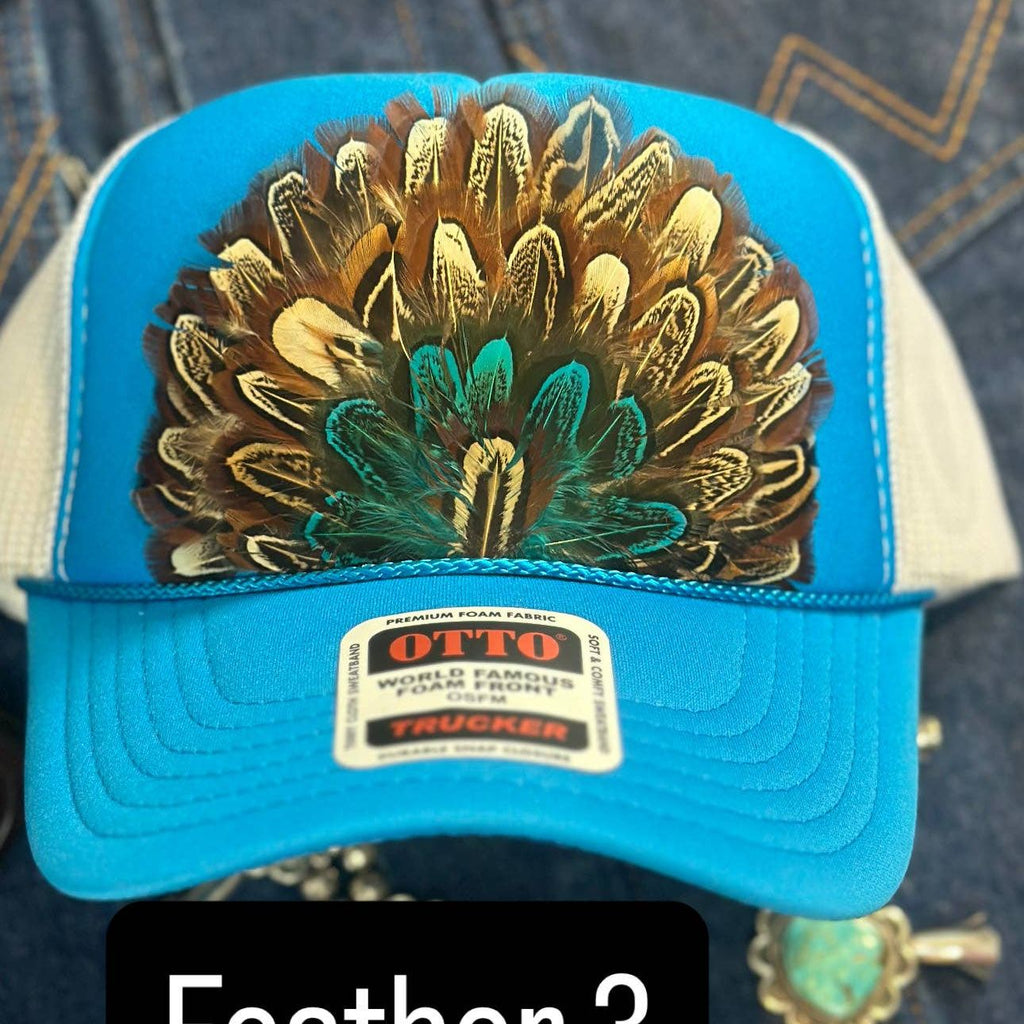 BLUE AND WHITE FEATHER TRUCKER HAT