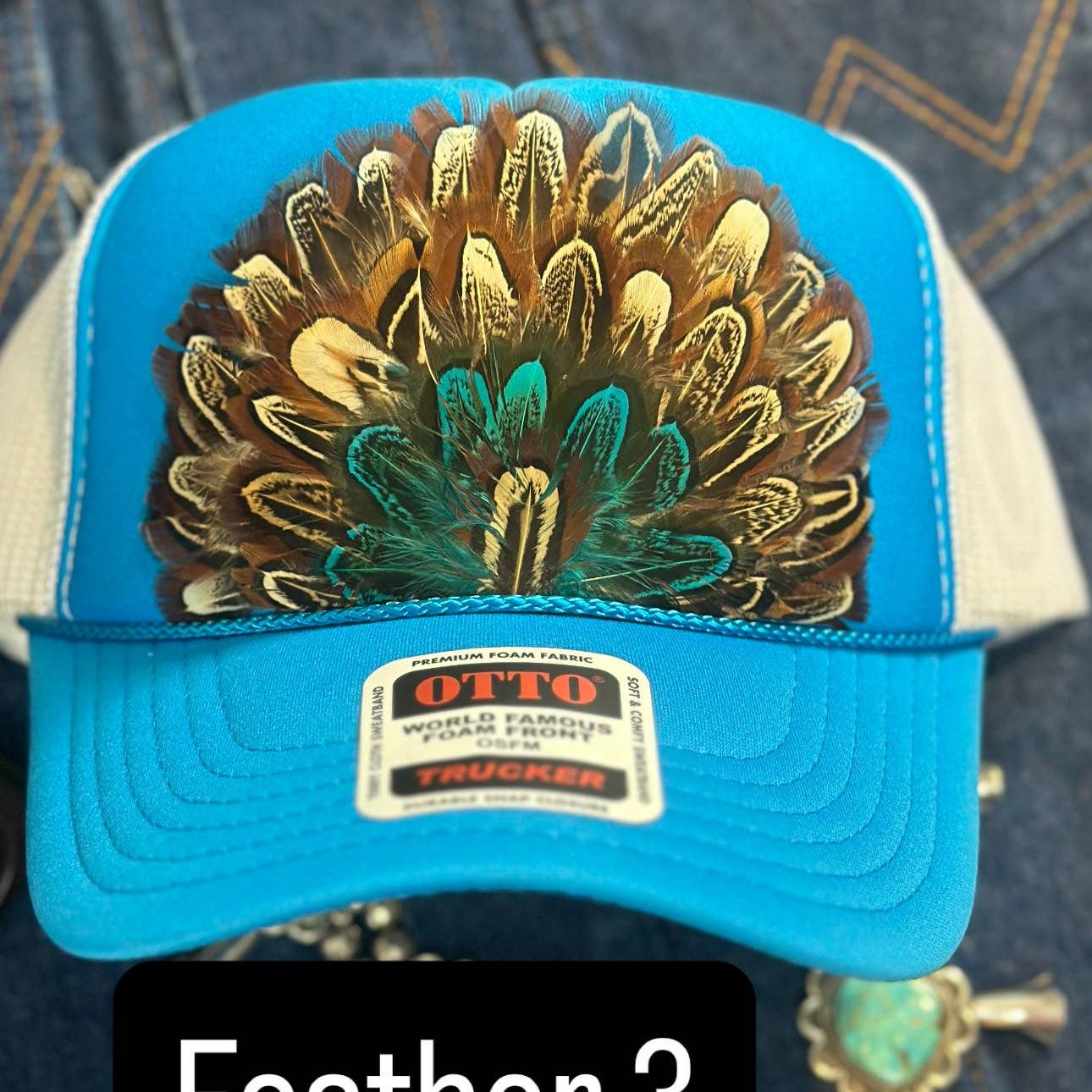 BLUE AND WHITE FEATHER TRUCKER HAT