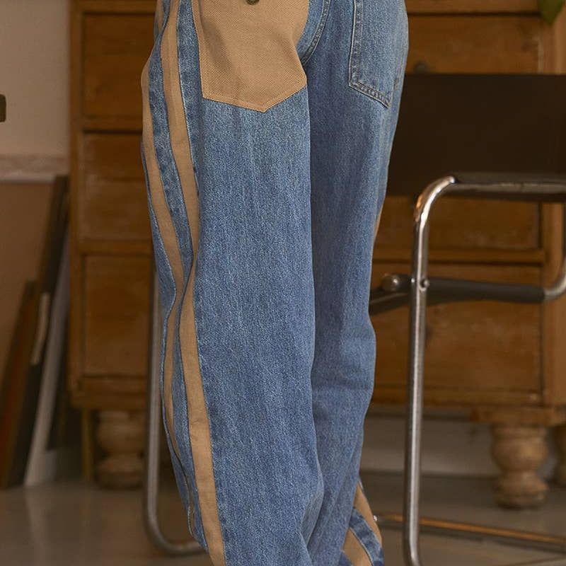 Wide-Leg Utility Stripe Denim Jeans