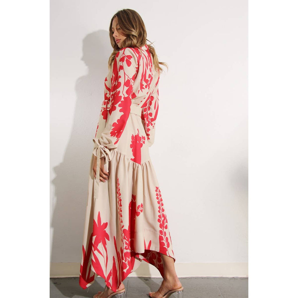 Print Uneven Belted Long Dress