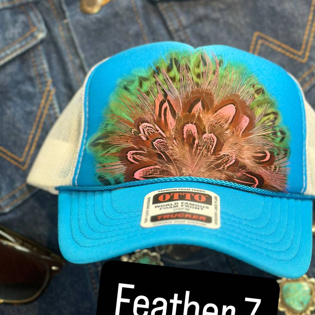 BLUE AND WHITE FEATHER TRUCKER HAT