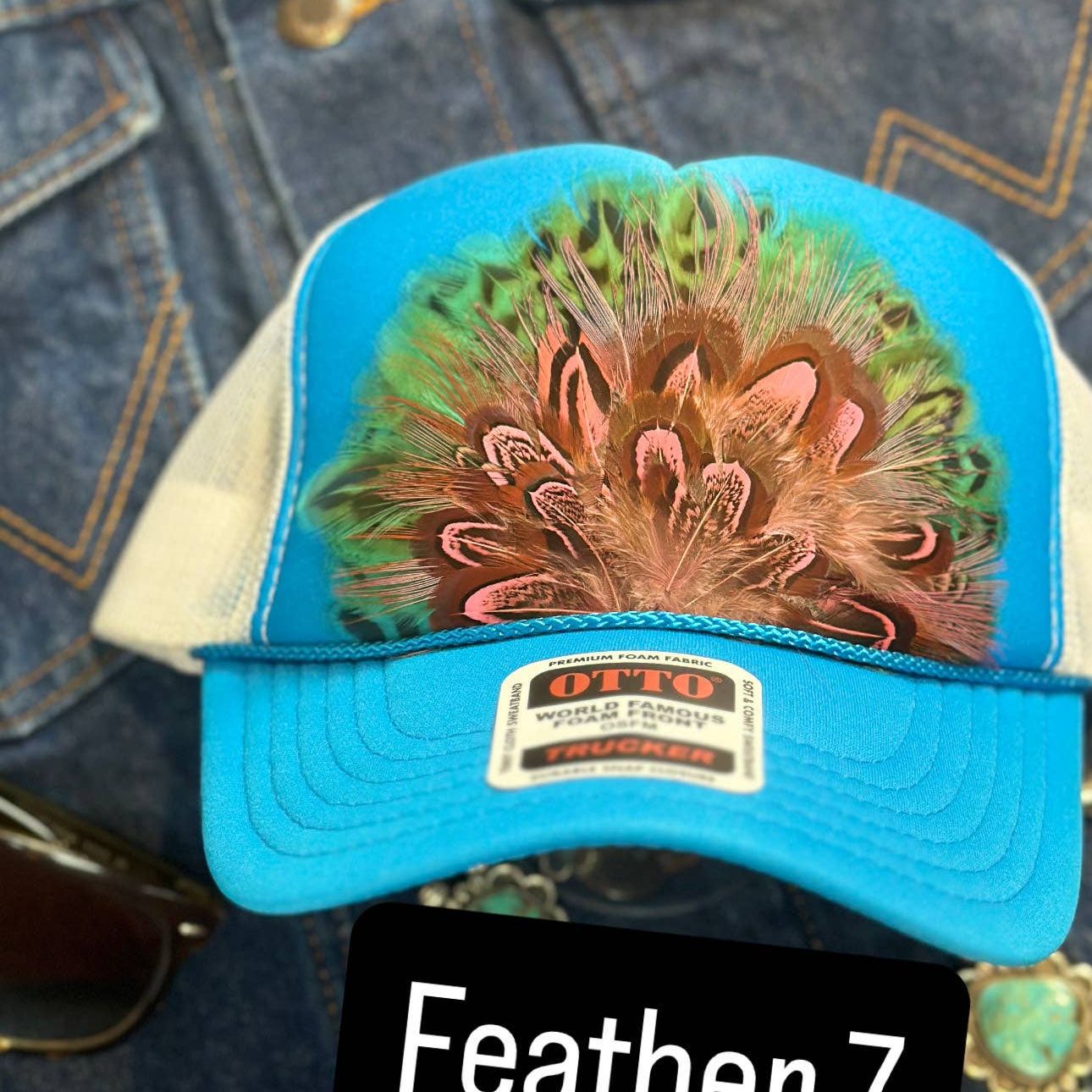 BLUE AND WHITE FEATHER TRUCKER HAT