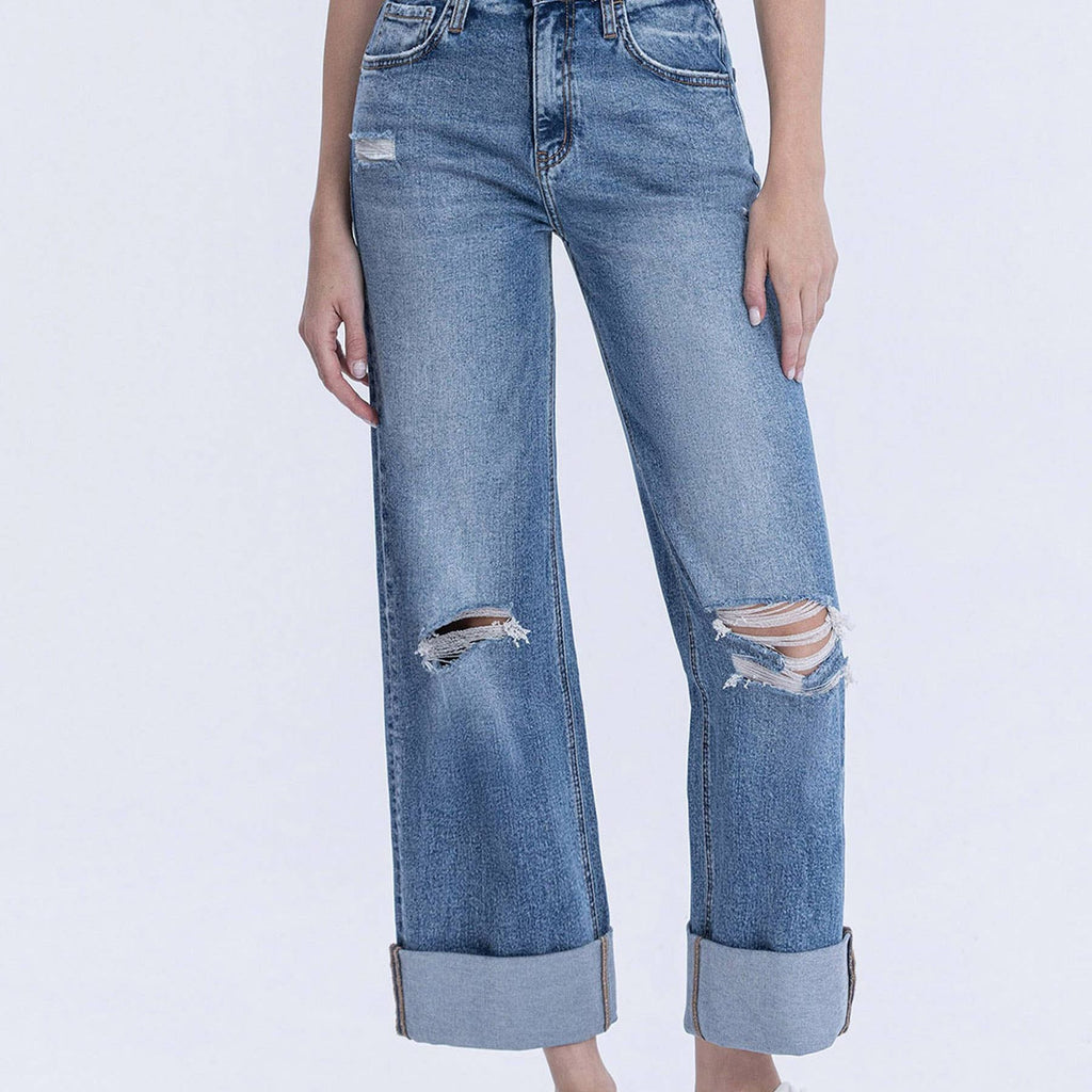SUPER HIGH RISE DOUBLE CUFFED BAGGY WIDE JEANS