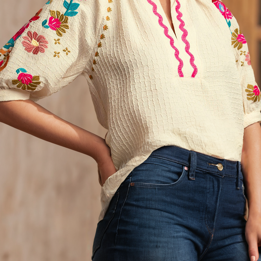 LDC Embroidered Ricrac Puff Sleeve Texture Blouse