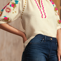 LDC Embroidered Ricrac Puff Sleeve Texture Blouse