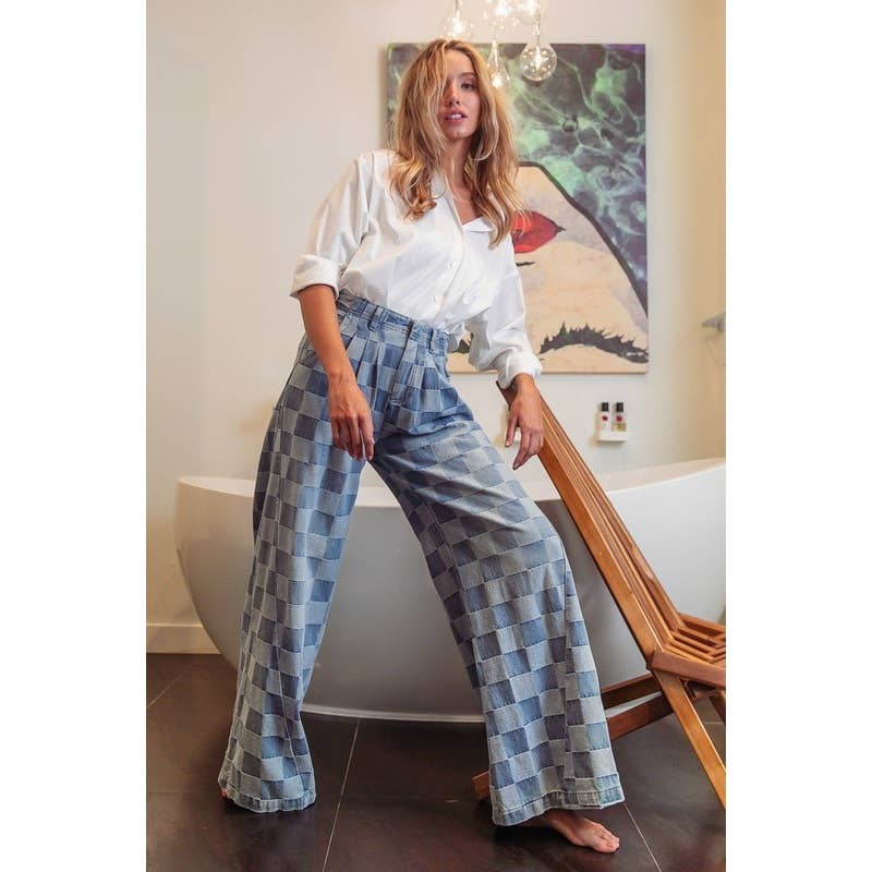 WASHED TWO TONE CHECKER WIDE PANTS