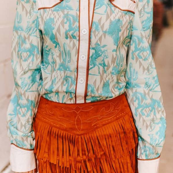 Plus Cream Teal Western Aztec Puff Sleeve Button Down Shirt