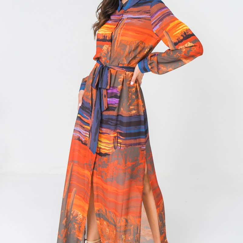 A printed woven shirt dress