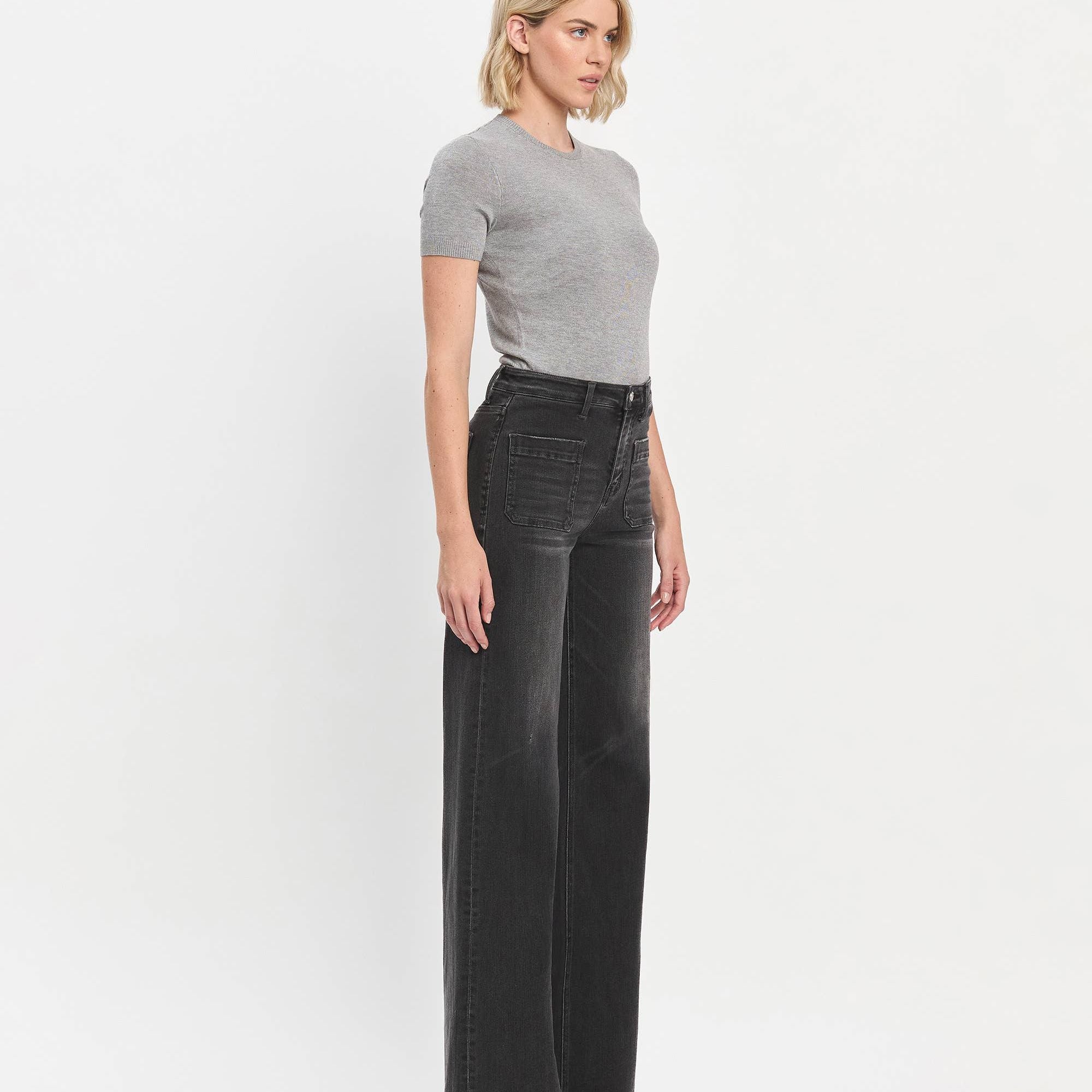 HIGH RISE PATCH POCKET BLACK WIDE TROUSER JEANS T6569