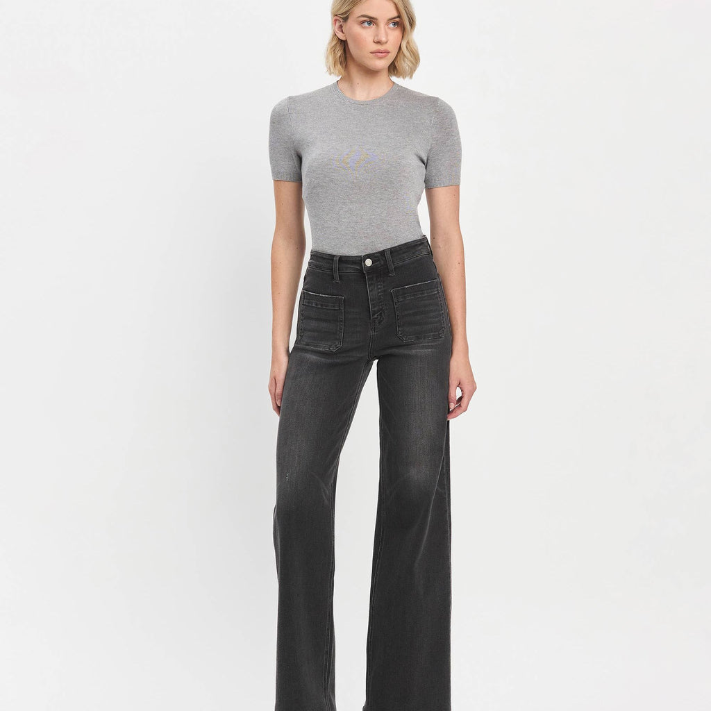 HIGH RISE PATCH POCKET BLACK WIDE TROUSER JEANS T6569