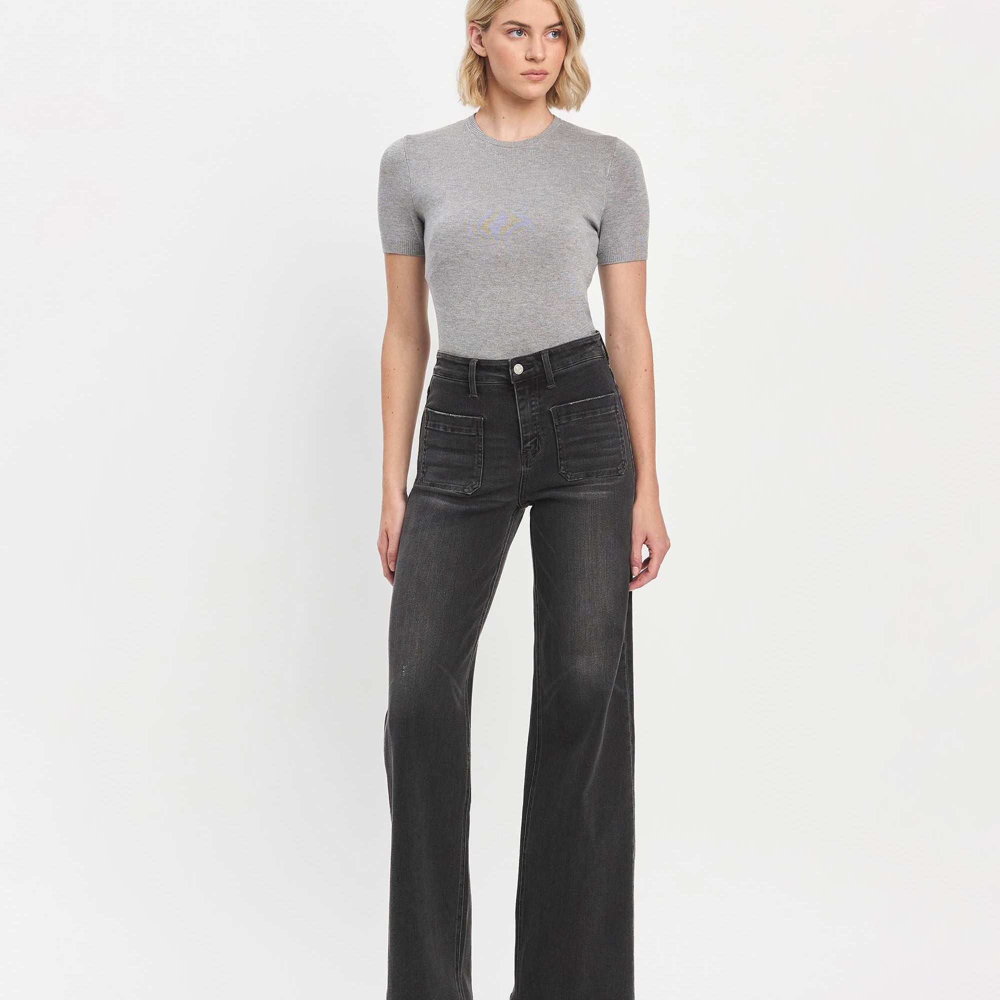 HIGH RISE PATCH POCKET BLACK WIDE TROUSER JEANS T6569