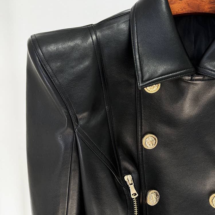 Double-Breasted Cropped Leather Motorcycle Jacket