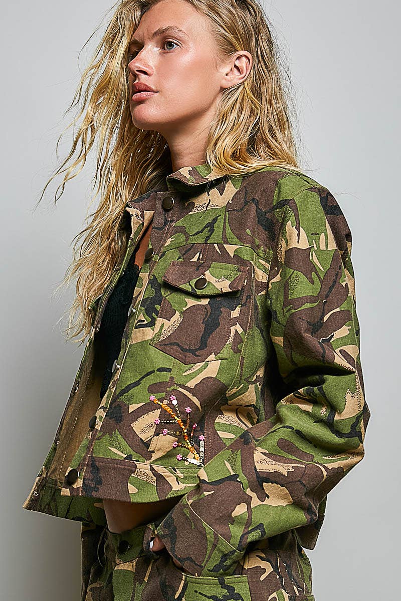 Embroidered Floral Woven Twill Button Front Closure Jacket