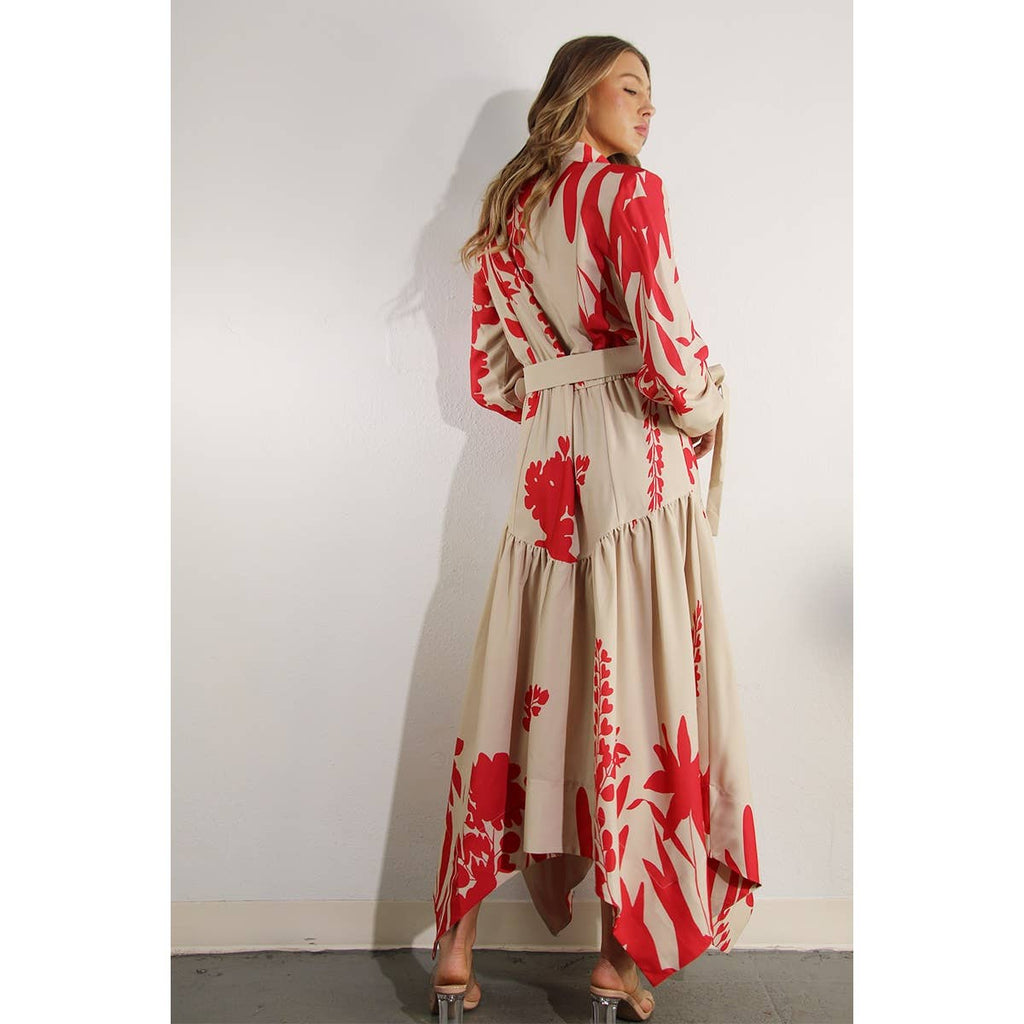 Print Uneven Belted Long Dress