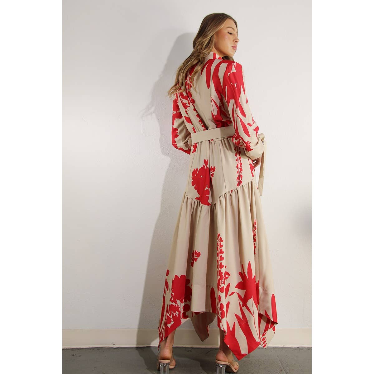 Print Uneven Belted Long Dress