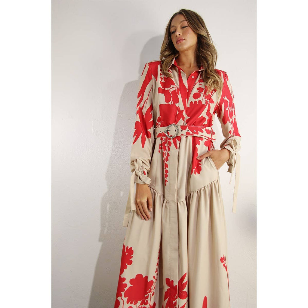 Print Uneven Belted Long Dress