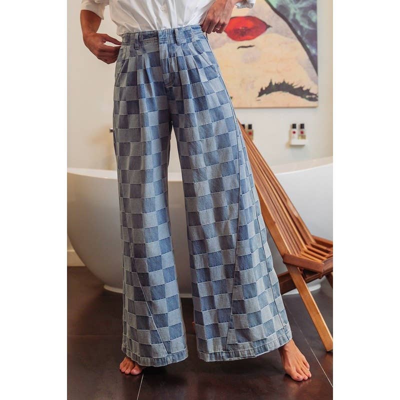 WASHED TWO TONE CHECKER WIDE PANTS