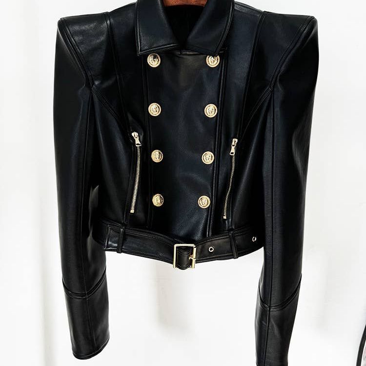 Double-Breasted Cropped Leather Motorcycle Jacket