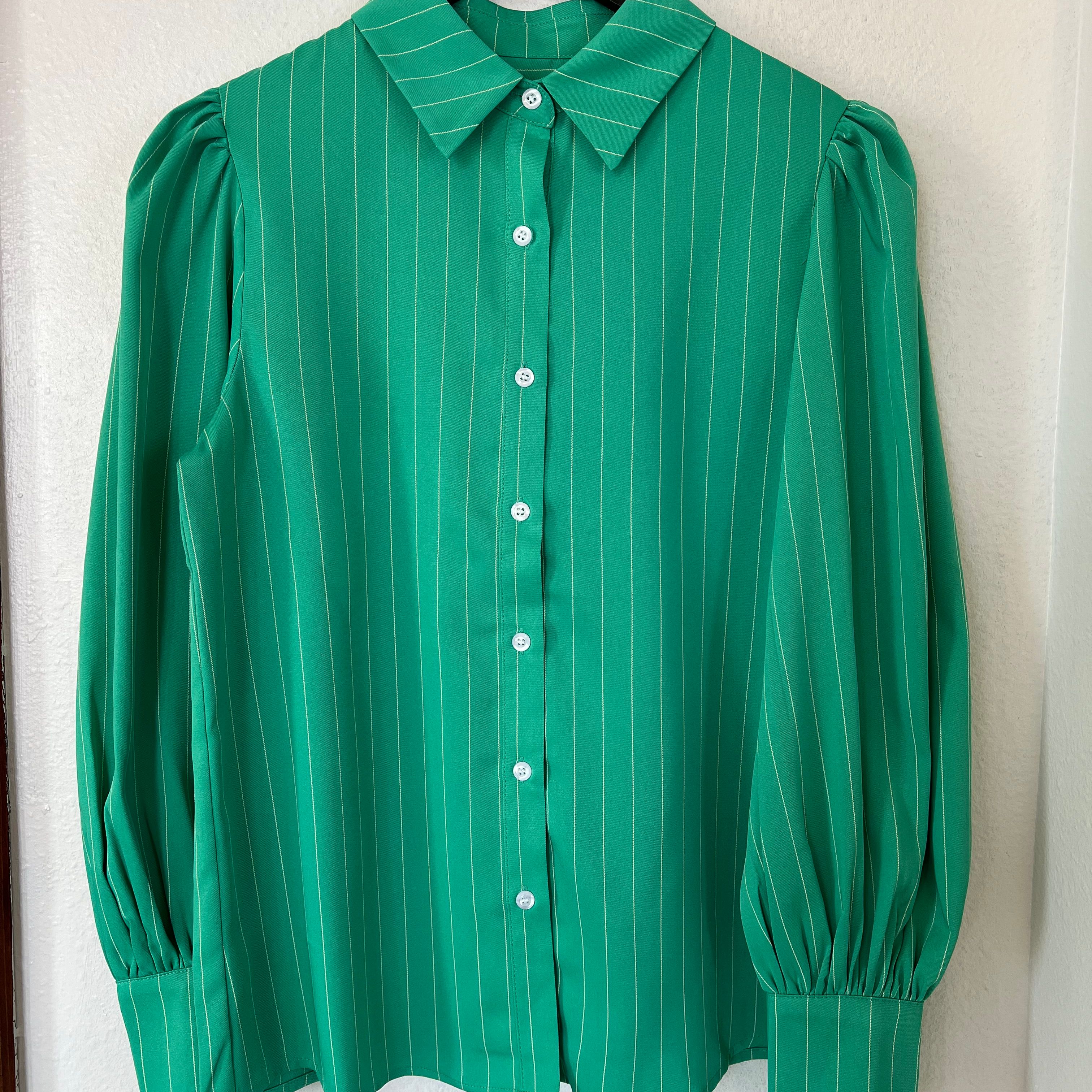 Green pinstripe button-up blouse with puff sleeves