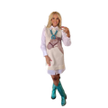 Woman styling a western outfit with horse print dress, turquoise squash blossom necklace, and turquoise cowboy boots