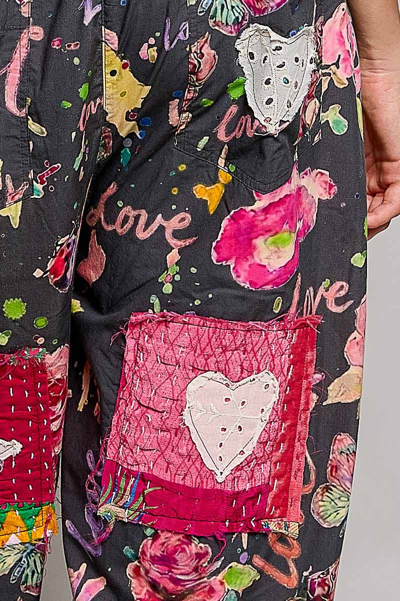 Heart Star Patch Elastic Waistband Lace Trim Straight Pants