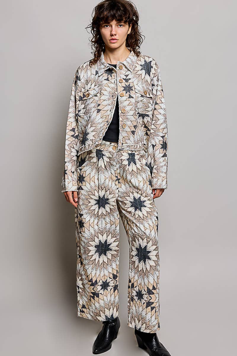 Geometric Star Wide Long Sleeve Quilted Stitch Woven Jacket
